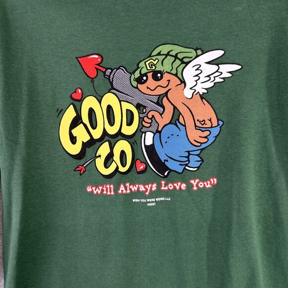 Good Co. Men's Small Green Cupid "Will‎ Always Love You" Graphic T Shirt L/S - Picture 2 of 7